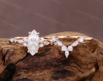 Ensemble de bagues de fiançailles en moissanite taille marquise Ensemble unique de bagues en moissanite en or rose Ensemble de bagues de mariée pour femmes délicates Bague de promesse d'anniversaire