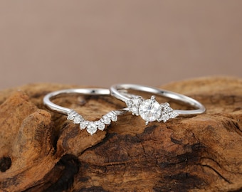 Moissanite engagement ring set Diamond cluster ring Unique Curved wedding band Delicate Bridal Stacking Promise Anniversary gift for women