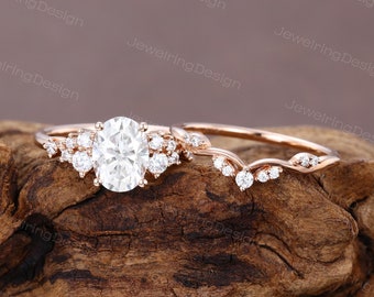 Oval cut Moissanite engagement ring set Unique Rose gold moissanite ring set women Cluster Bridal ring set Anniversary promise ring