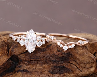 Marquise cut Moissanite engagement ring set Unique Rose gold moissanite ring set women Cluster Bridal ring set Anniversary promise ring
