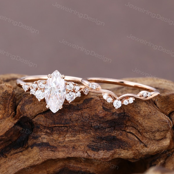 Marquise cut Moissanite engagement ring set Unique Rose gold moissanite ring set women Cluster Bridal ring set Anniversary promise ring