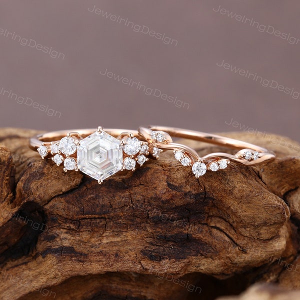 Hexagon cut Moissanite engagement ring set Unique Rose gold moissanite ring set Cluster women Bridal ring set Anniversary promise ring