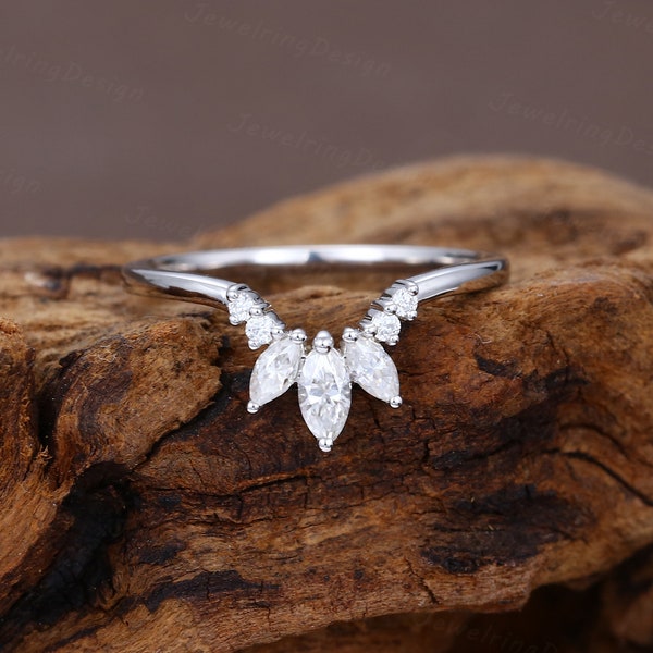 Curved wedding band vintage white gold Unique Marquise cut Moissanite wedding band women Bridal Stacking ring Matching band Promise gift