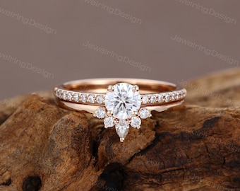 Moissanite engagement ring Unique engagement ring woman rose gold Curved pear diamond moissanite wedding Bridal set Anniversary gift for her