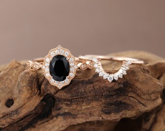 Oval cut Black Sapphire engagement ring set rose gold Halo vintage engagement ring for women Art deco Unique moissanite Anniversary gift