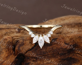Curved wedding band vintage yellow gold Unique Marquise cut Moissanite wedding band women Bridal Stacking ring Matching band Promise gift