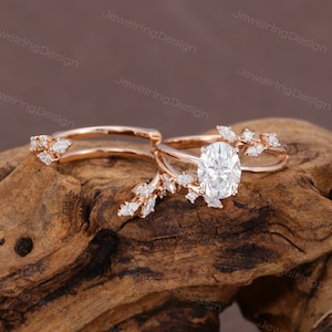 Oval Moissanite Engagement Ring Set Rose Gold Vintage Moissanite Floral Bridal Set Cluster Leaf Enhancer Band Natural Leaf Branch Ring Gifts