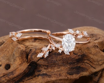 Ovale Moissaniet verlovingsring set Rose goud Vintage Moissaniet bloemen bruids set Cluster Leaf Enhancer Band natuurlijke bladtak ring geschenken