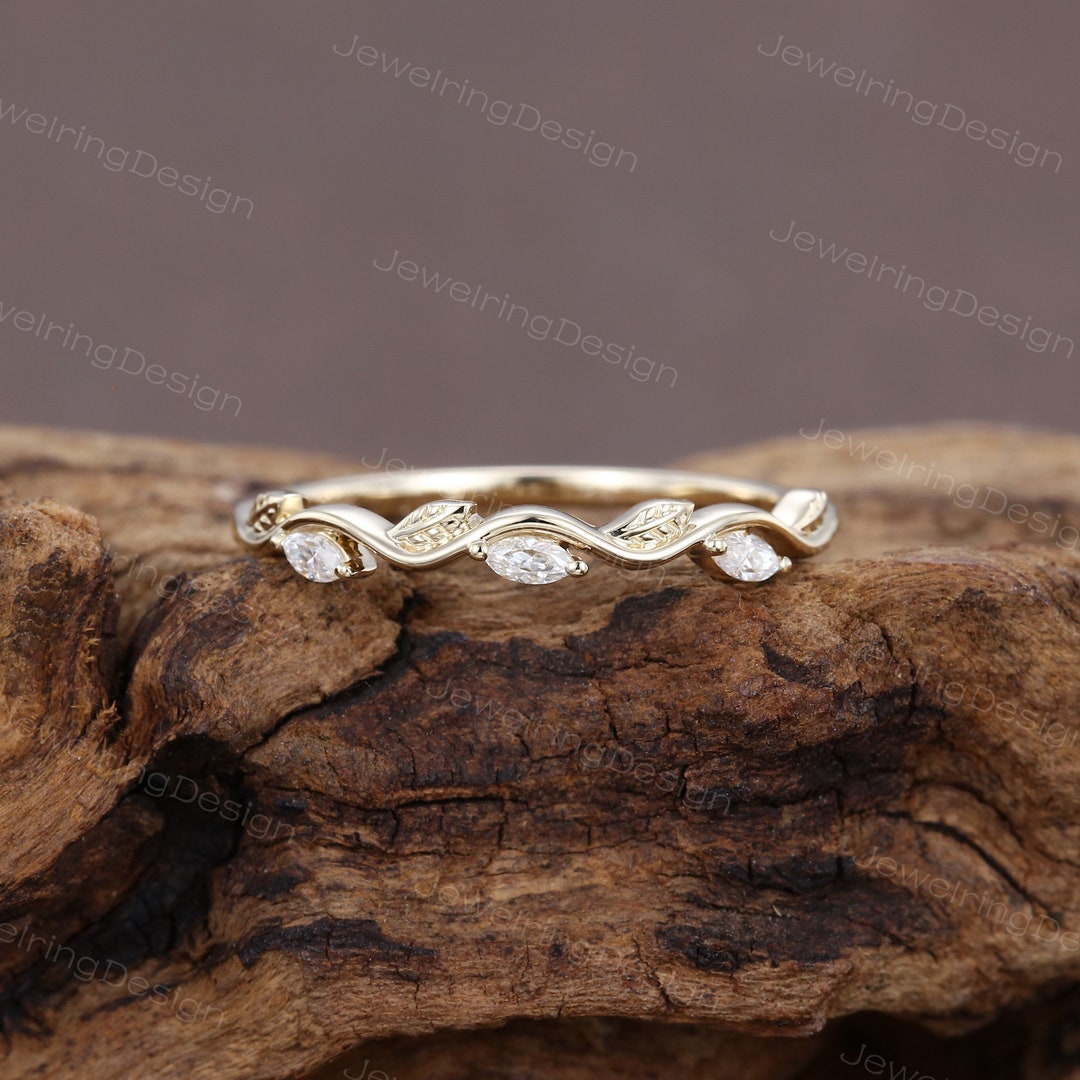 Marquise Cut Moissanite Wedding Band Unique 14k Yellow Gold Wedding ...