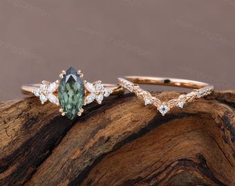 Vintage Marquise cut Green sapphire engagement ring set Diamond cluster Curved wedding band Delicate Bridal Stacking Promise gift for her