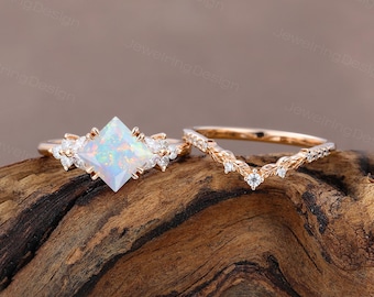 Unique Princess cut Opal engagement ring set Rose gold wedding ring Dainty Cluster Marquise Moissanite Bridal ring set Promise Women Gift