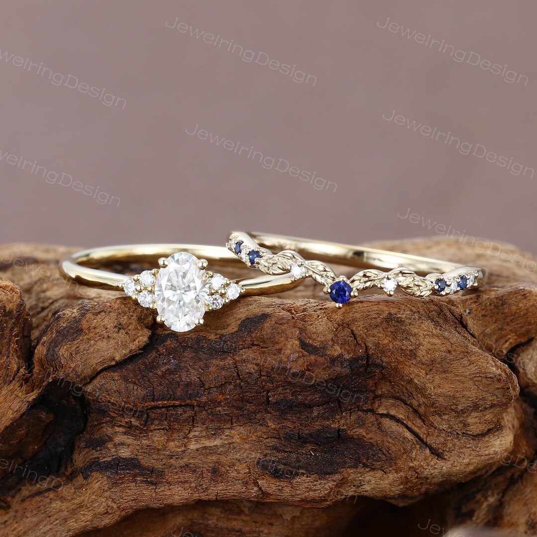 Oval Cut Moissanite Engagement Ring Set Unique 14k Yellow Gold Blue ...