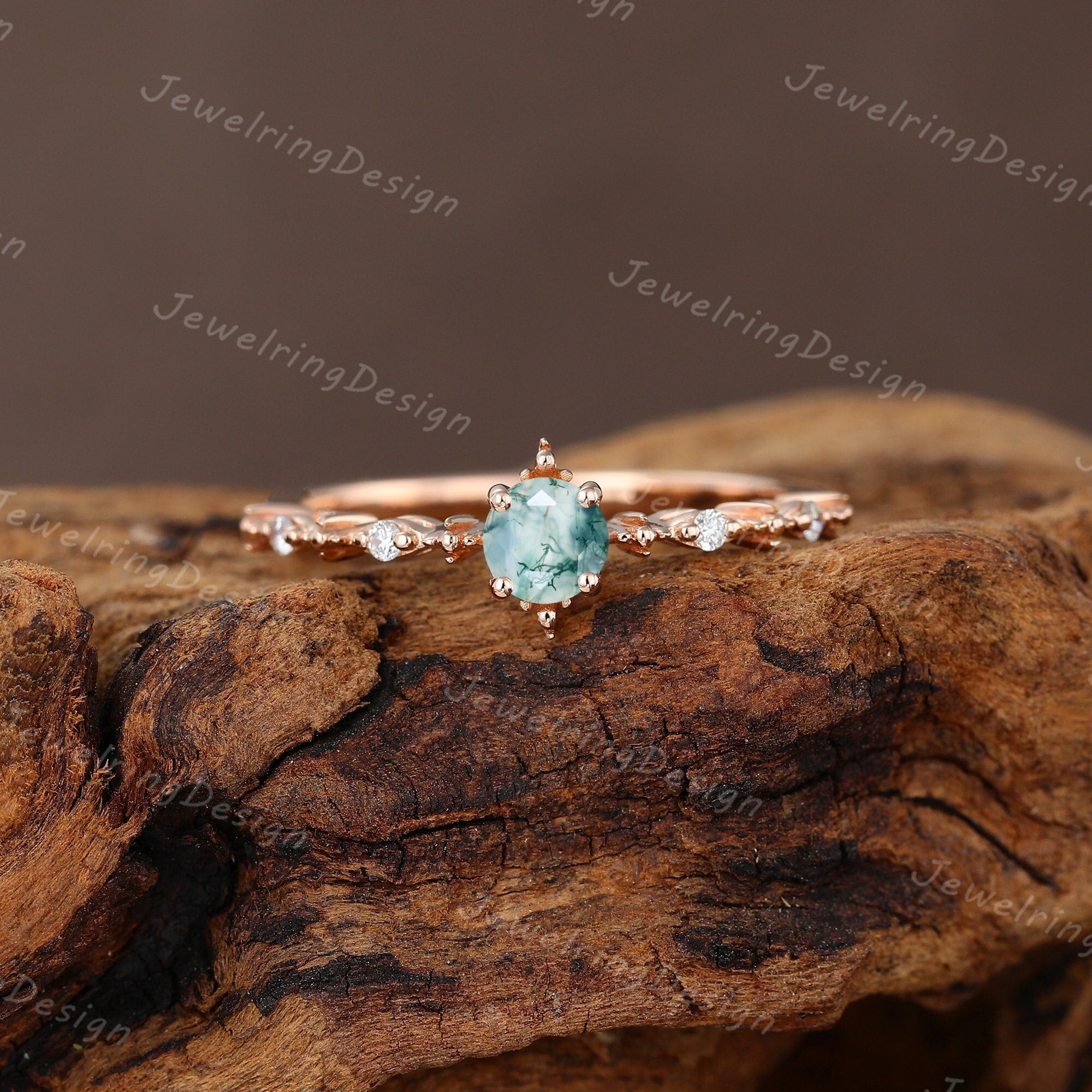 Moss agate engagement ring rose gold Diamond cluster dainty engagement ring vintage Unique wedding Bridal Promise Anniversary gift