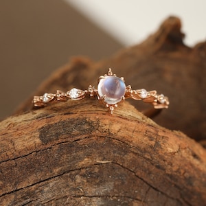 Moonstone engagement ring rose gold Diamond cluster dainty engagement ring vintage Unique Simple wedding Bridal Promise Anniversary gift