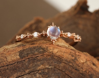 Moonstone engagement ring rose gold Diamond cluster dainty engagement ring vintage Unique Simple wedding Bridal Promise Anniversary gift