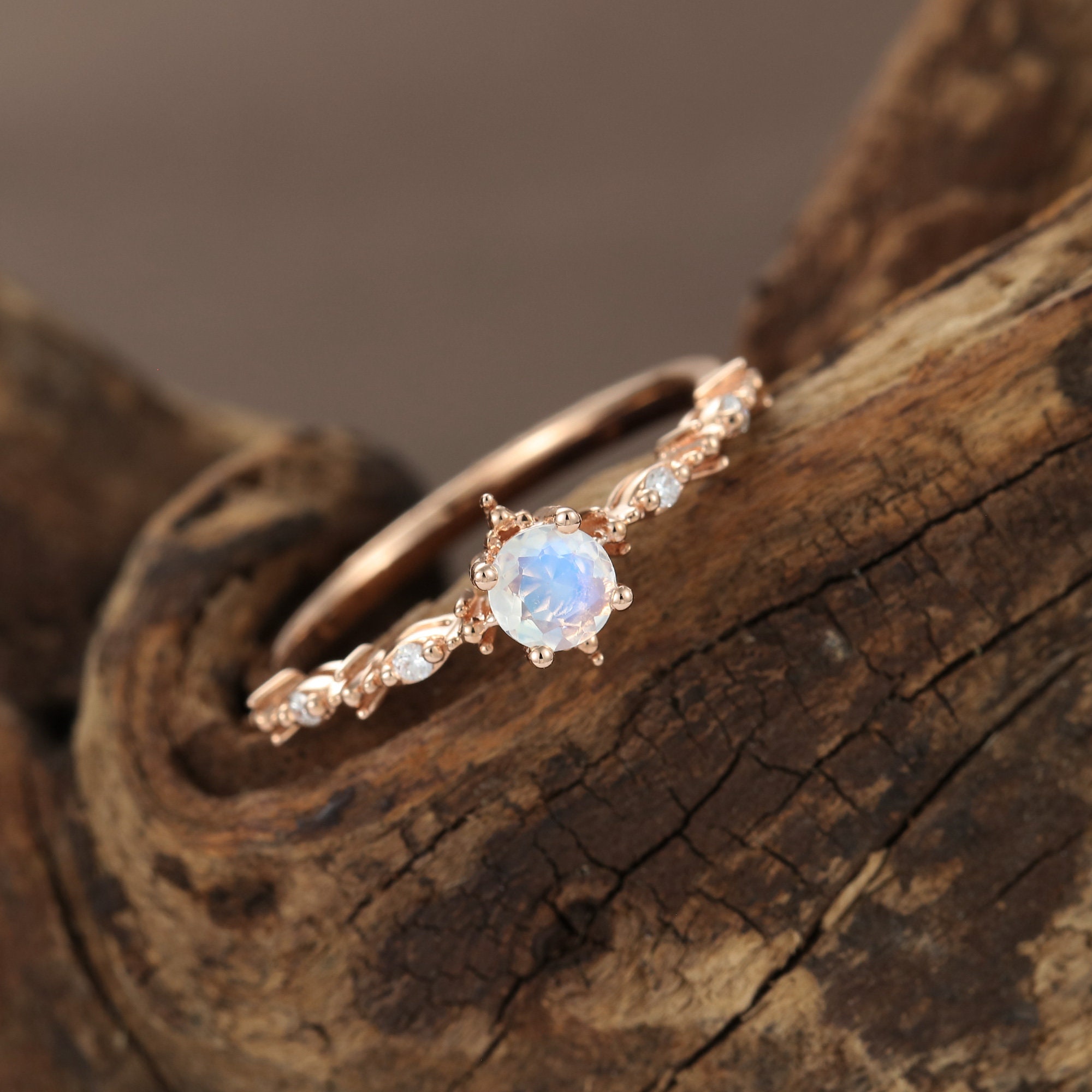 Moonstone Engagement Ring Vintage Diamond Cluster Rose Gold - Etsy