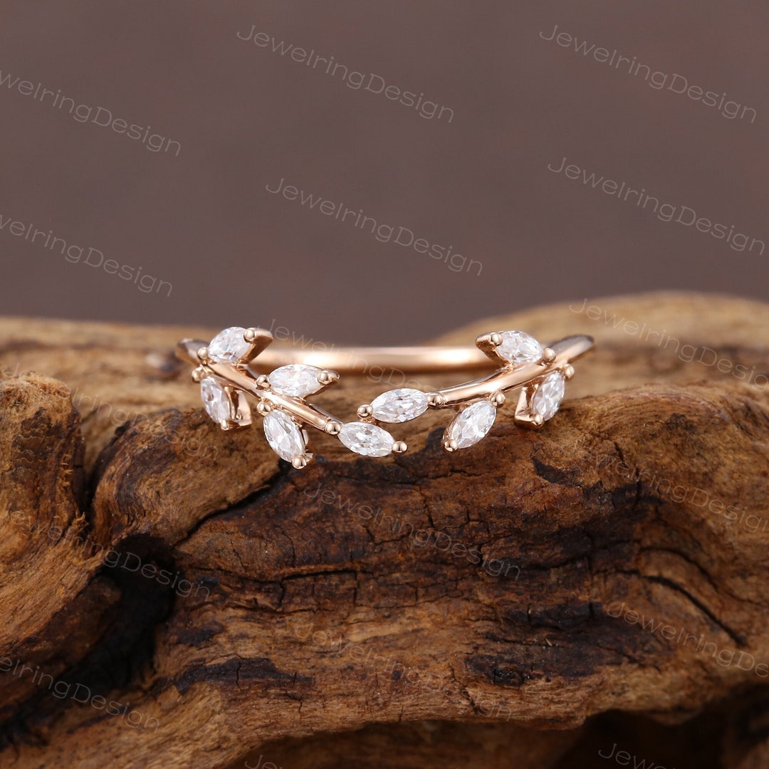 Marquise Cut Curved Moissanite Wedding Band Rose Gold Ring Art Deco ...