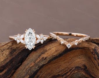 1 CT IGI Certified Marquise cut Lab Diamond engagement ring set Unique rose gold engagement ring Marquise Cluster Art deco Promise ring