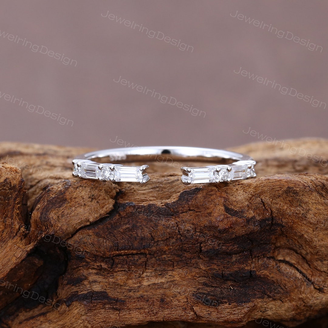 Unique Baguette Cut Moissanite Wedding Band Women 14K White Gold Open ...