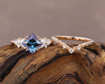 Princess cut Alexandrite engagement ring set vintage rose gold cluster ring Moissanite wedding Bridal set Promise Anniversary women gift