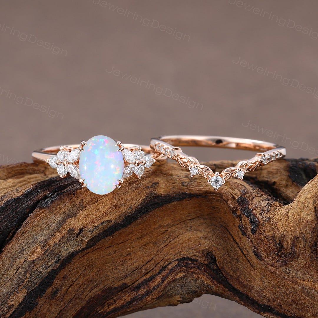 Matching Opsite Rings Oval Cut Opal Engagement Ring Set Rose Gold Wedding Ring Dainty Cluster ...