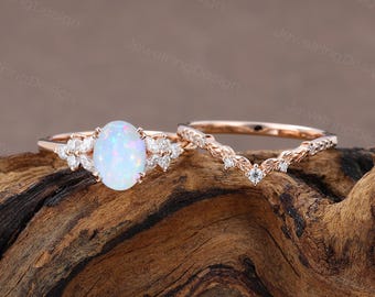Oval cut Opal engagement ring set Rose gold wedding ring Dainty Cluster Marquise Moissanite Bridal ring set vintage Promise Women Gift