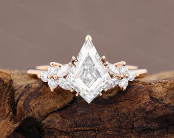 Kite cut Moissanite engagement ring Unique rose gold engagement ring Art deco cluster ring Bridal diamond ring Promise Anniversary ring