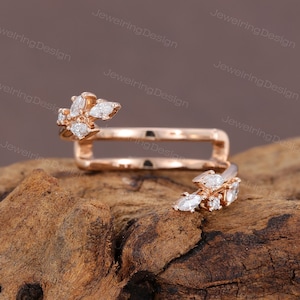 Doppelt geschwungener Hochzeit Band Bandring Roségold Vintage Marquise Diamant Ansteckring passend zum Brautschmuck Verlobungsring