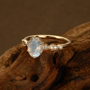 Moonstone engagement ring vintage14K yellow gold Art deco Oval cut engagement ring Unique diamond wedding Promise Anniversary gift for her