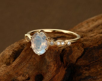 Moonstone engagement ring vintage14K yellow gold Art deco Oval cut engagement ring Unique diamond wedding Promise Anniversary gift for her