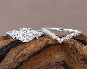 1 CT IGI Certified Round shaped Lab Diamond engagement ring set Unique rose gold wedding ring Marquise Cluster Art deco Promise ring gift