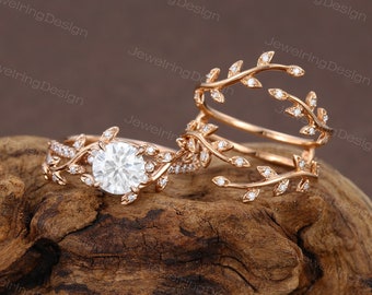 Unique Leaf Moissanite engagement ring set Twig ring Rose gold engagement ring woman wedding set Bridal ring set promise Anniversary ring