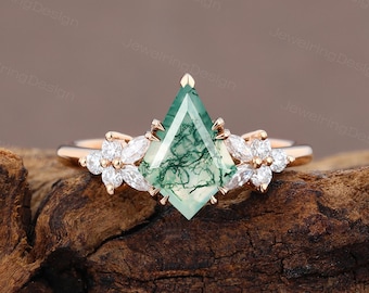 Kite cut Moss agate engagement ring Moissanite ring rose gold Unique Round shape Diamond women ring wedding ring Promise Anniversary gift