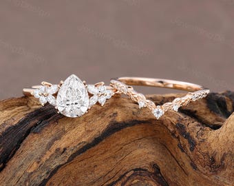 1 CT IGI Certified Pear shaped Lab Diamond engagement ring set Unique rose gold engagement ring Marquise Cluster Art deco Promise ring