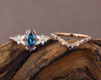 Unique Marquise cut Alexandrite engagement ring set vintage rose gold cluster ring Moissanite wedding Bridal set Promise Anniversary gift