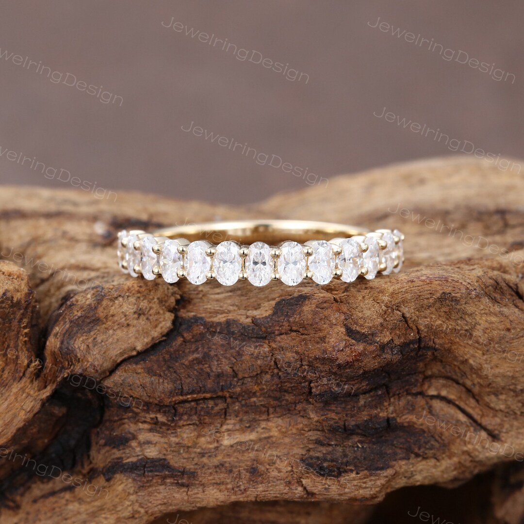 Oval Cut Moissanite Wedding Band Women Unique 14K Yellow Gold Half ...