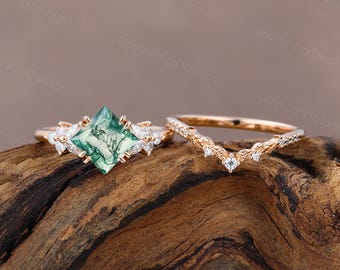 Vintage Princess cut Moss agate engagement ring set Rose gold wedding ring Cluster Marquise Moissanite Bridal ring set Promise Women Gift