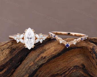 Unique Marquise cut Moissanite engagement ring set Vintage Rose gold wedding ring Dainty women Bridal ring set Promise Anniversary ring