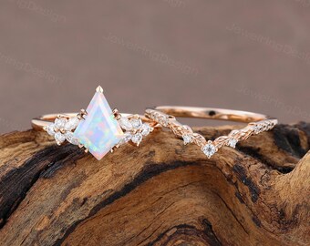 Kite cut Opal engagement ring set Rose gold wedding ring Dainty Cluster Marquise Moissanite Bridal ring set vintage Promise Women Gift