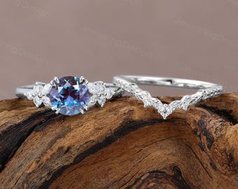 Round shaped Alexandrite engagement ring set vintage white gold cluster ring Moissanite wedding Bridal set Promise Anniversary women gift