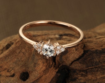 Weißer Saphir Verlobungsring Roségold Einzigartiger Verlobungsring Vintage Ring für Frauen Diamant Cluster Ring zierlich Hochzeit Jahrestag Geschenk