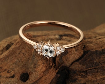 White sapphire engagement ring rose gold Unique engagement ring vintage ring for women Diamond cluster ring dainty wedding Anniversary gift