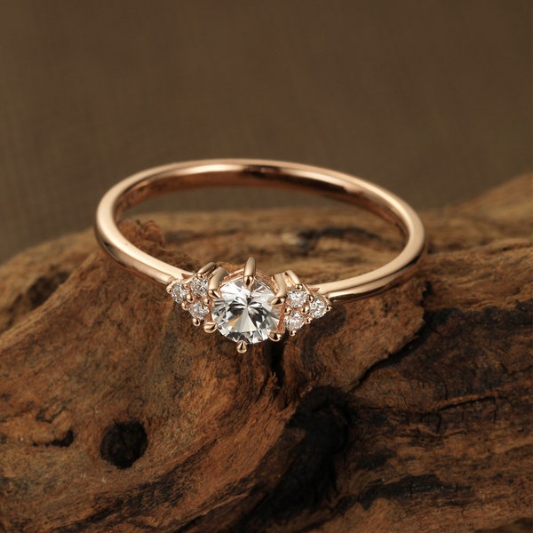 White sapphire engagement ring rose gold Unique engagement ring vintage ring for women Diamond cluster ring dainty wedding Anniversary gift