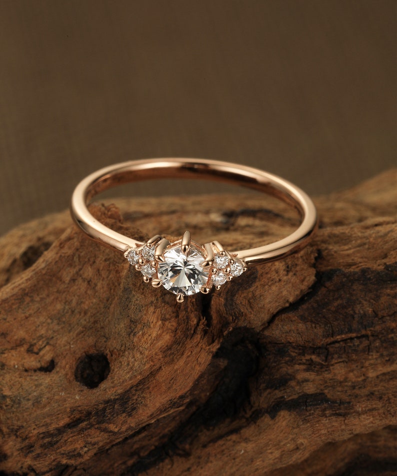 White sapphire engagement ring rose gold Unique engagement ring vintage ring for women Diamond cluster ring dainty wedding Anniversary gift image 1