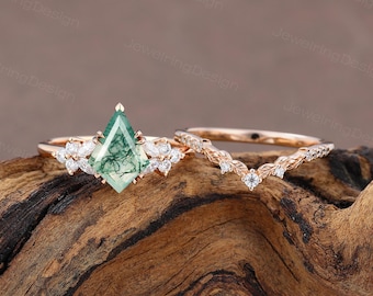 Vintage Kite cut Moss agate engagement ring set unique Rose gold wedding ring Cluster Marquise Moissanite Bridal ring set Promise Women Gift