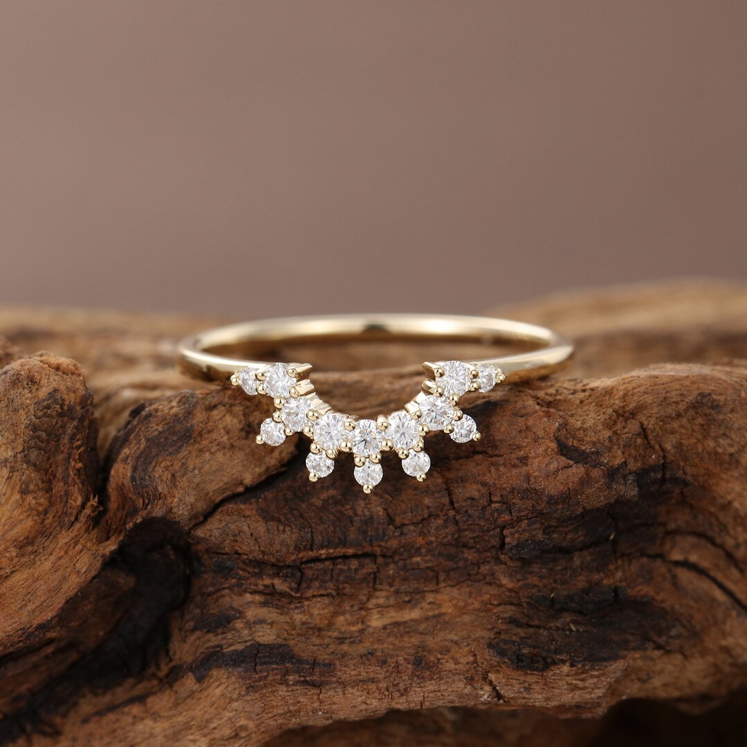 Curved Wedding Band Women Unique Moissanite Ring Yellow Gold - Etsy