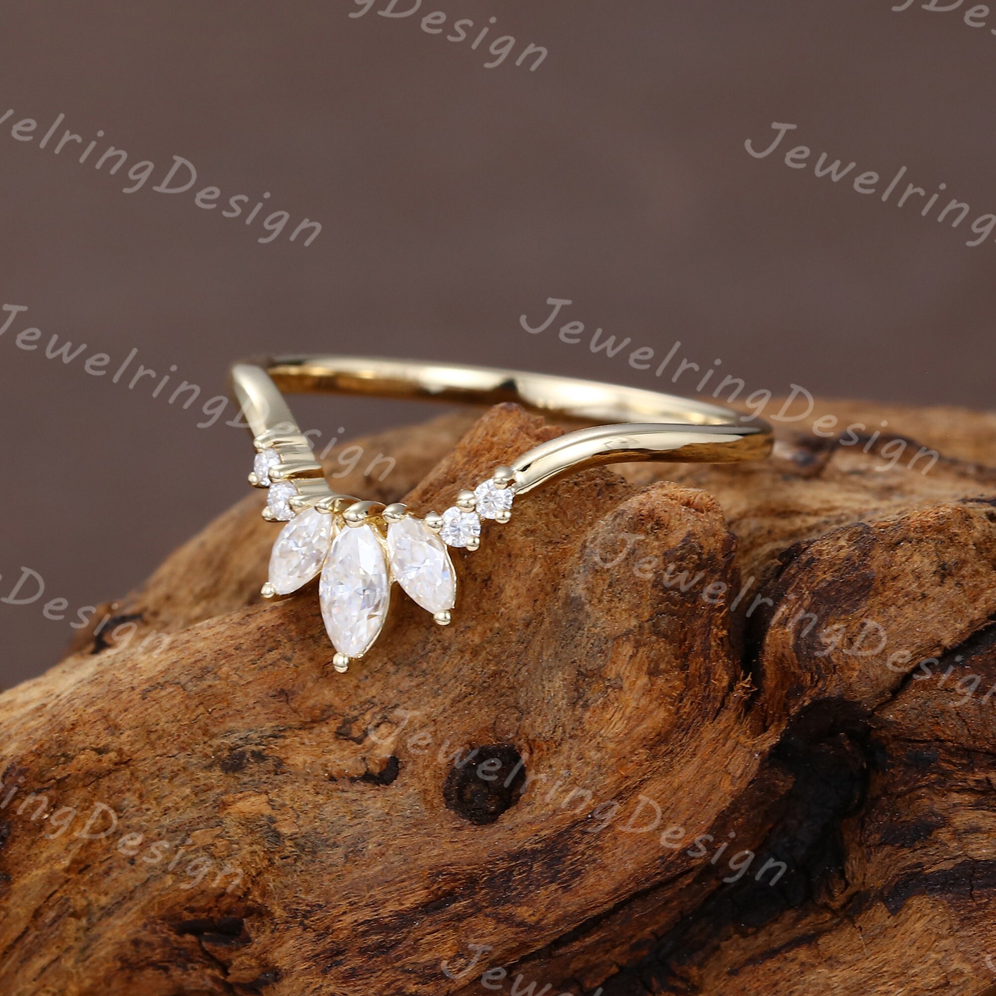 Curved Wedding Band Vintage Yellow Gold Unique Marquise Cut Moissanite ...