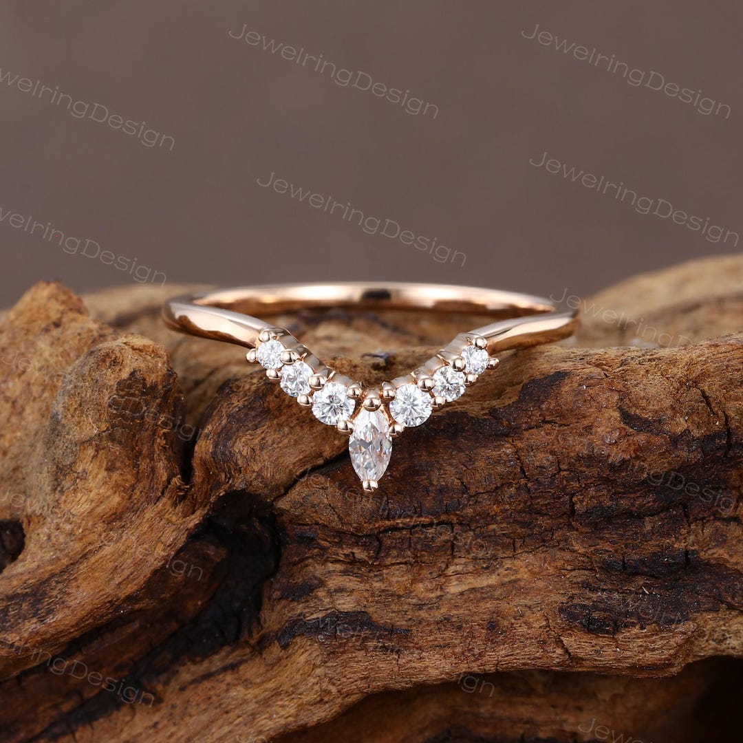 Marquise Cut Moissanite Curved Wedding Band Rose Gold Diamond Wedding ...