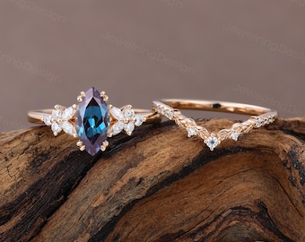 Marquise cut Alexandrite engagement ring set vintage rose gold cluster ring Moissanite wedding Bridal set Promise Anniversary women gift