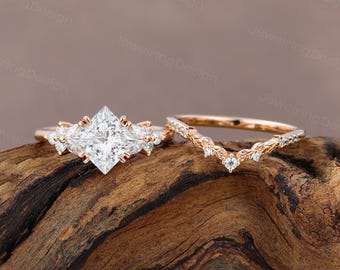 1.5 CT IGI Certified Princess cut Lab Diamond engagement ring set Unique rose gold engagement ring Marquise Cluster Art deco Promise ring